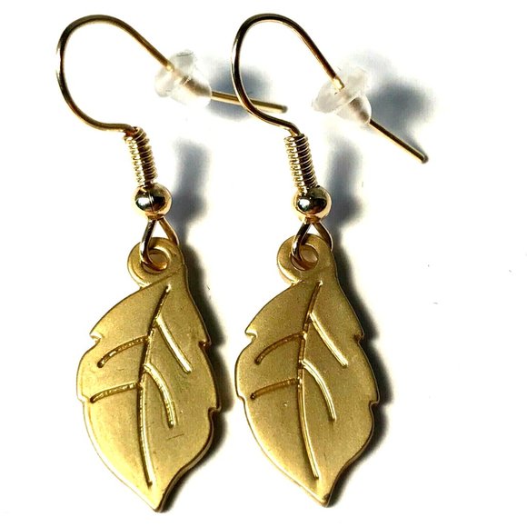 Gold Fall Leaf Earrings Autumn Tree Leaves Thanksgiving Halloween Harvest Plated - Picture 1 of 8